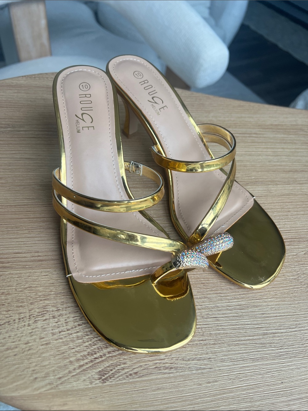 Rouge Helium Gold Metallic Strappy Heeled Sandals with Crystal Bow